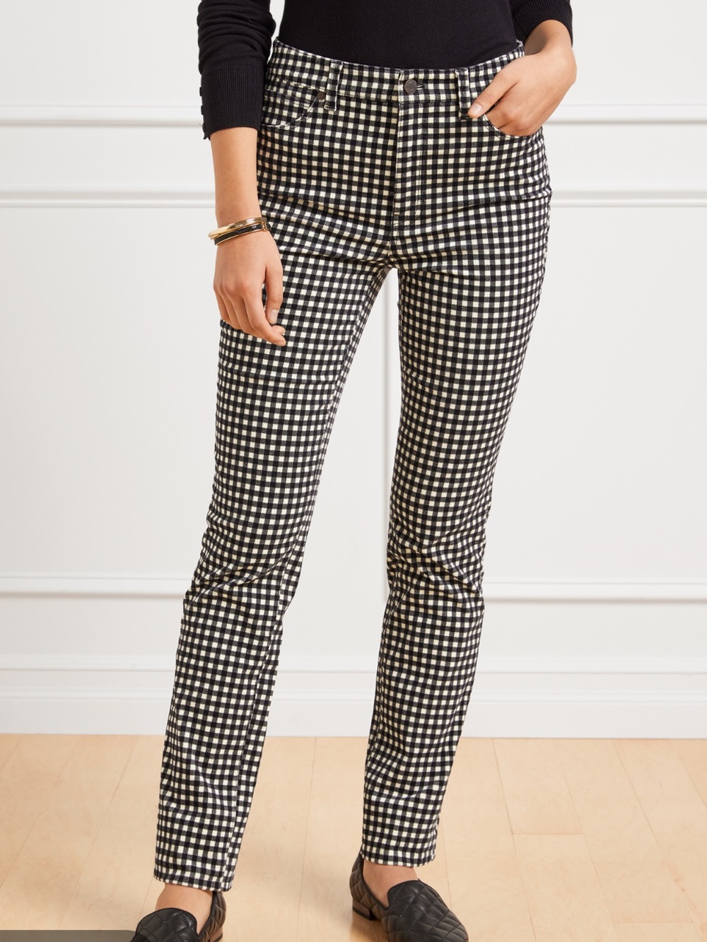 Talbots Stretch Corduroy Straight Leg Black White Buffalo Plaid Pant Size 6P